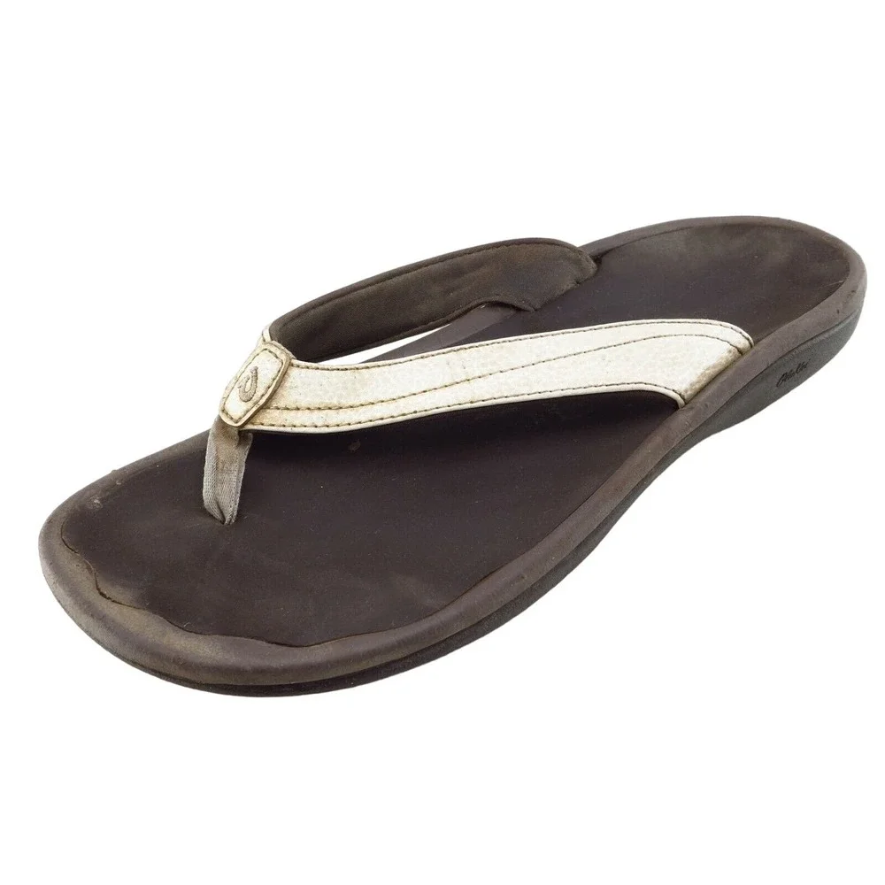OluKai Sz 11 M Brown Flat Leather Women Sandals Ohana‎